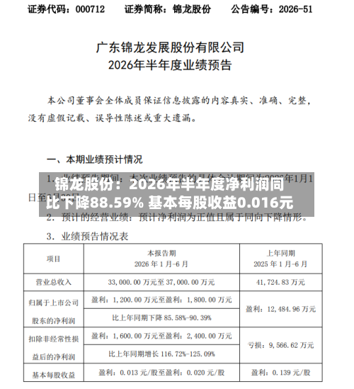 锦龙股份：2026年半年度净利润同比下降88.59% 基本每股收益0.016元-第1张图片