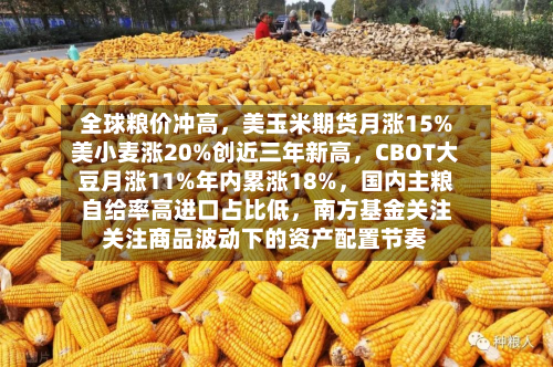 全球粮价冲高，美玉米期货月涨15%美小麦涨20%创近三年新高	，CBOT大豆月涨11%年内累涨18%，国内主粮自给率高进口占比低，南方基金关注关注商品波动下的资产配置节奏-第1张图片